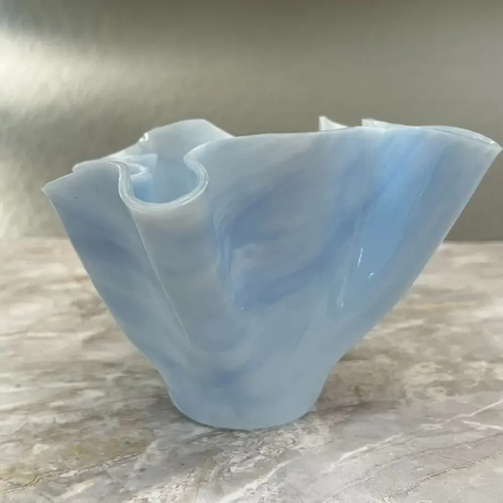 Art Glass Vase Opalescent Blue White Ruffled Handkerchief Murano Style